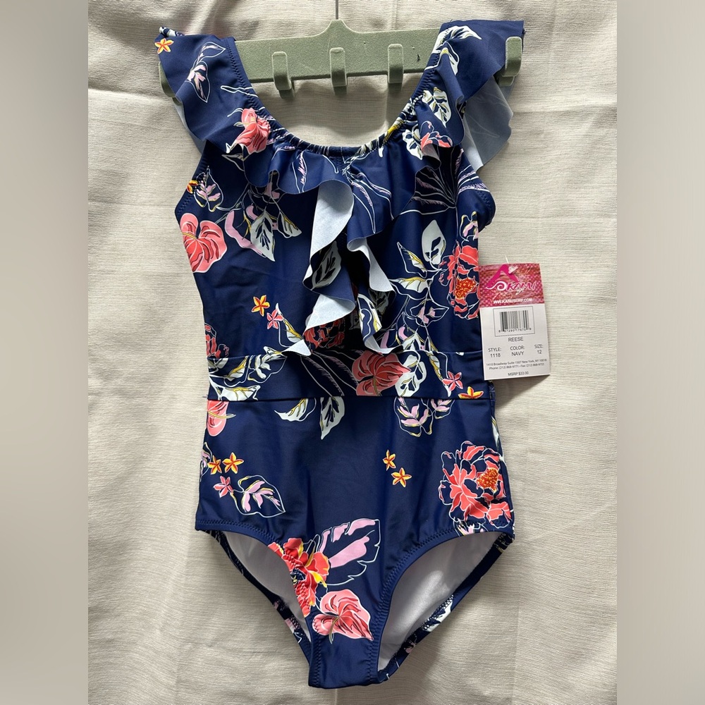 Kanu Surf Girls Ruffle One Piece Swimsuit REESE Size 12 colorful Navy NWT